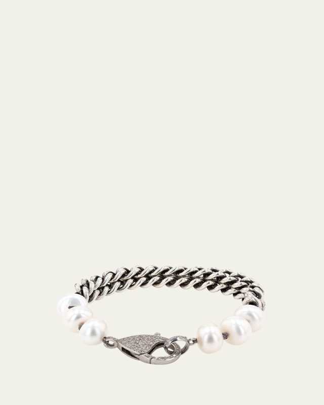 Pearl and Double Chain Bracelet with Pave Diamond Clasp